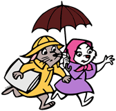 Bernard and Bianca running in the rain