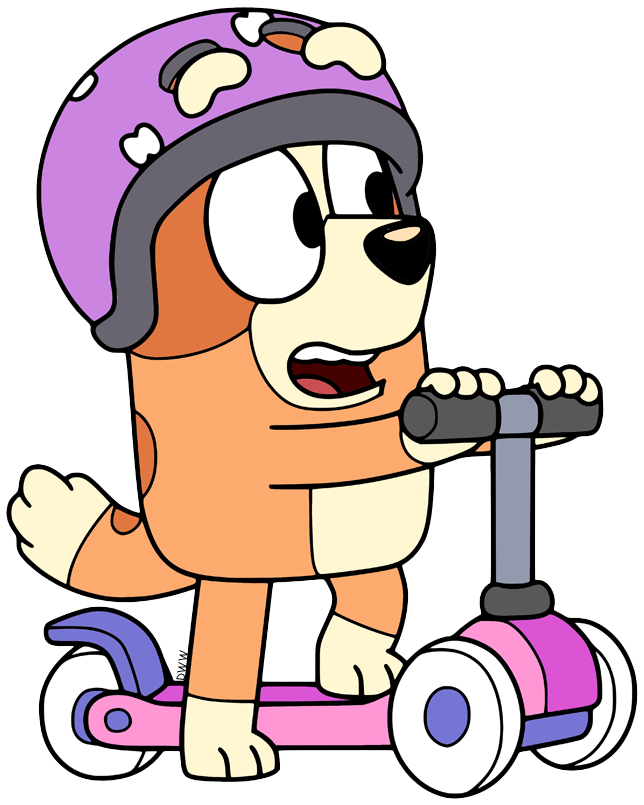Bingo riding a scooter