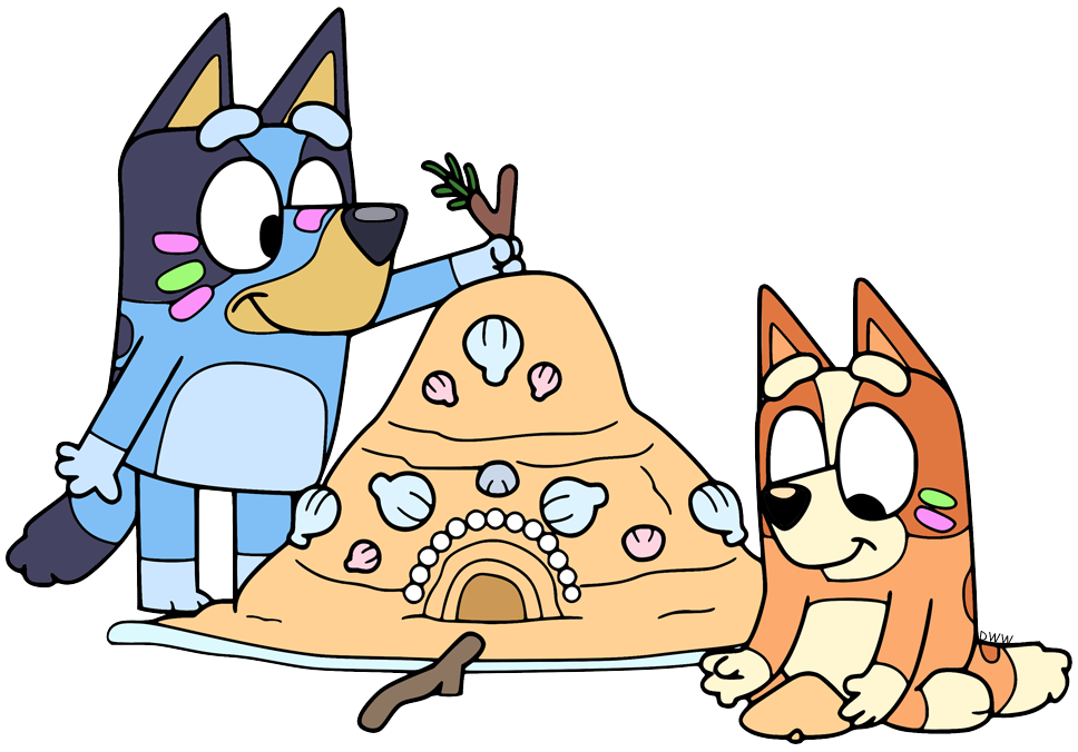 Bluey and Bingo building a sandcastle