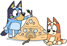 Bluey and Bingo building a sandcastle