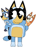 Bluey & Bingo riding Dad piggyback