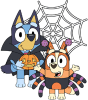 Bluey and Bingo posing in their Halloween costumes against a spiderweb background
