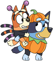 Bingo riding Bluey piggyback on Halloween