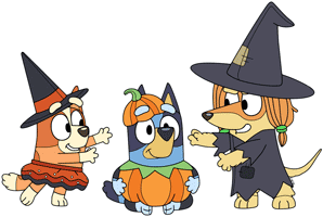 Bluey, Bingo and Indy playing in their Halloween costumes