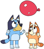 Bluey and Bingo playing Keepy Uppy with a red balloon