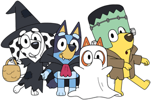 Bluey, Bingo, Lucky and Chloe posing in their Halloween costumes