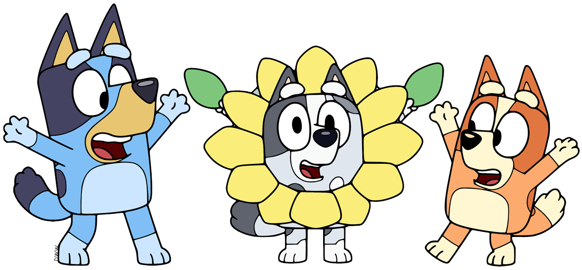 Bluey and Bingo cheering Muffin wearing a cone as a sunflower