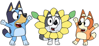 Bluey and Bingo cheering Muffin wearing a cone as a sunflower