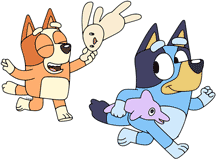 Bluey & Bingo running with their stuffed dolphin and bunny