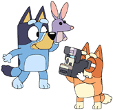 Bingo taking a picture of Bluey with puppet Bob Bilby