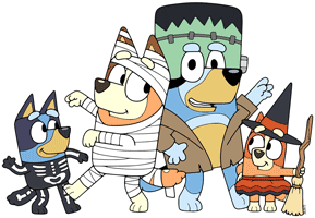 Bluey, Bingo with Mum and Dad posing in their Halloween costumes