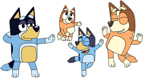 Bluey, Bingo, Bandit and Chilli dancing