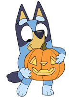 Bluey holding a jack-o'-lantern