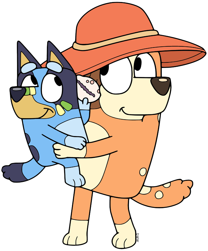 Bluey and Chilli listening to a seashell