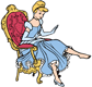 Cinderella sitting on a chair, trying on the glass slipper