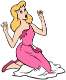 Cinderella surprised in her ragged pink dress