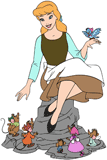 Cinderella with a bird on her finger and Jaq, Gus and other mice