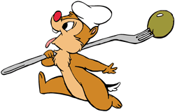 Dale running with an olive on a fork