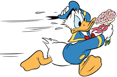 Donald Duck running with a bouquet of flowers