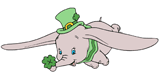 Dumbo wearing a green hat carrying a clover