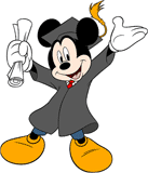 Mickey Mouse clutching his diploma at graduation