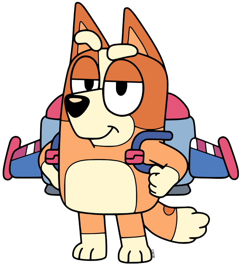 Bingo wearing a jetpack