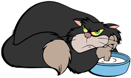 Lucifer unenthusiastically stirring the milk in his bowl