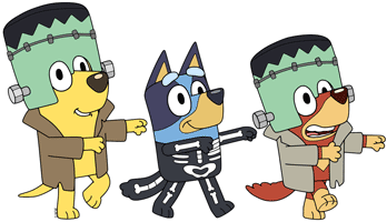 Lucky, Bluey and Rusty walking like zombies on Halloween