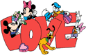Mickey Mouse and friends around a love sign