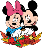 Mickey and Minnie Mouse holding a basket of apples