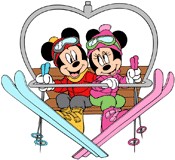 Mickey and Minnie Mouse on a ski lift