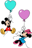 Mickey and Minnie Mouse floating with heart-shaped balloons