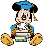 Graduate Mickey Mouse with a pile of books