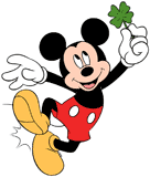 Mickey Mouse clicking his heels, holding a four-leaf clover