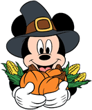 Pilgrim Mickey Mouse carrying pumpkin and corn