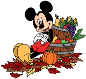 Mickey Mouse leaning against barrels of fruits and veggies on a pile of leaves