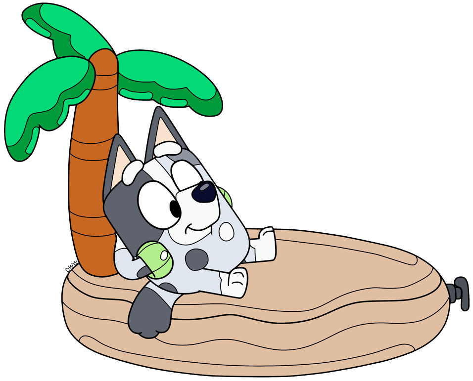 Muffin relaxing on an inflatable palm island
