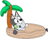 Muffin relaxing with floaties on an inflatable palm island
