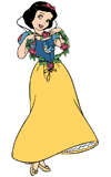 Snow White holding a heart-shaped floral arrangement