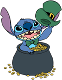 Leprechaun Stitch in a pot of gold coins