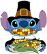 Stitch dressed as a pilgrim holding a platter of corn on the cob