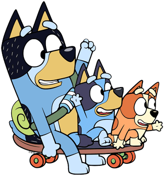 Bandit, Bluey and Bingo on a skateboard