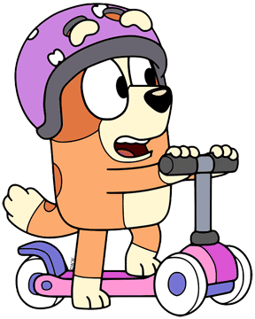 Bingo riding her scooter with her helmet on