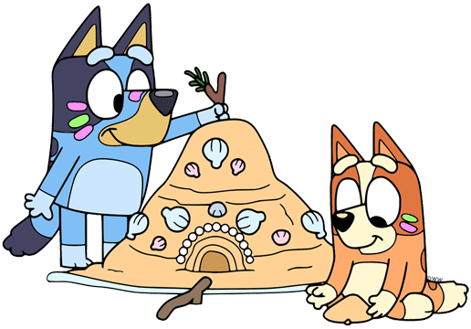 Bluey and Bingo building a sandcastle