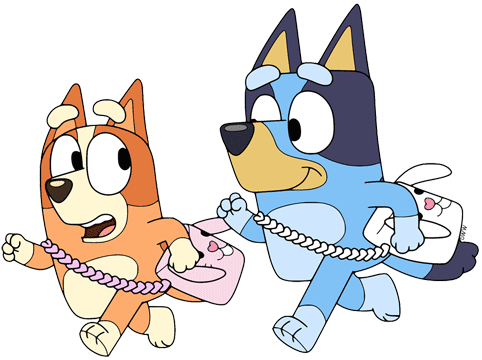 Bluey and Bingo running with their Easter egg pouches