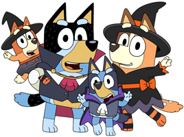 Bluey, Bingo, Bandit and Chilli dressed up for Halloween