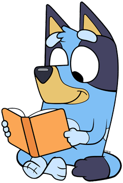 Bluey reading a book