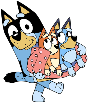 Dad carrying Bluey and Bingo on a sofa