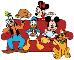 Mickey Mouse and friends sitting on the couch with Thanksgiving meal