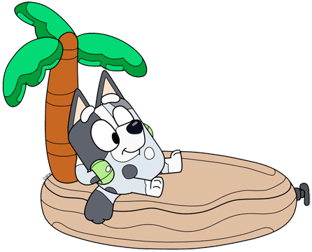 Muffin relaxing with floaties on an inflatable palm island